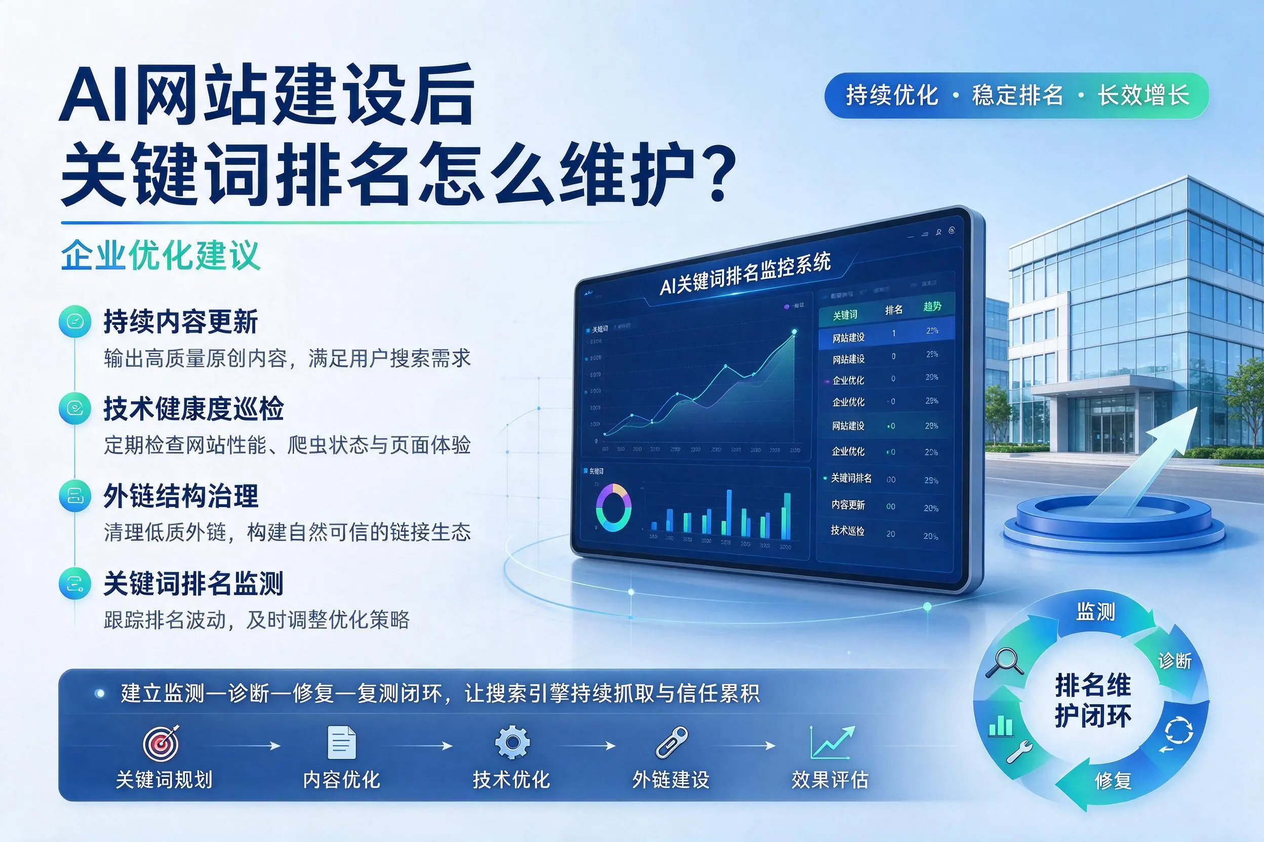 AI网站建设后关键词排名怎么维护?遂宁企业优化建议
